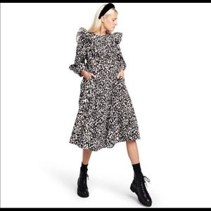 Leopard Print Long Ruffle Sleeve Midi Animal Dress Cotton  Size: Medium